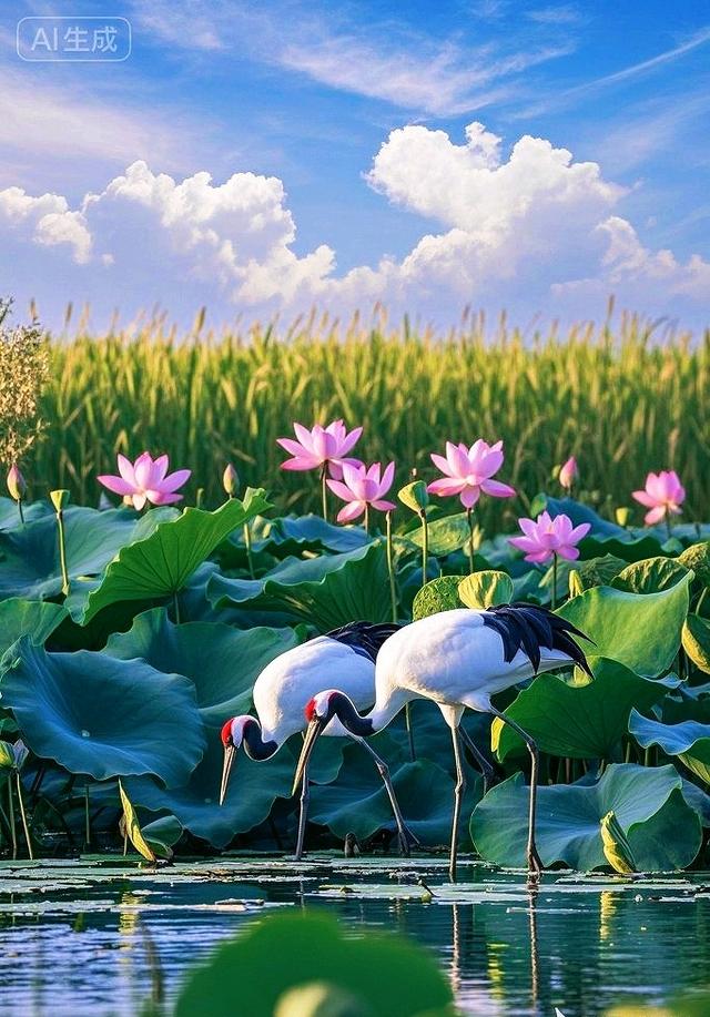 晴云铺绵，碧荷拥莲，双鹤栖塘漾波，天地尽是清灵柔美风光