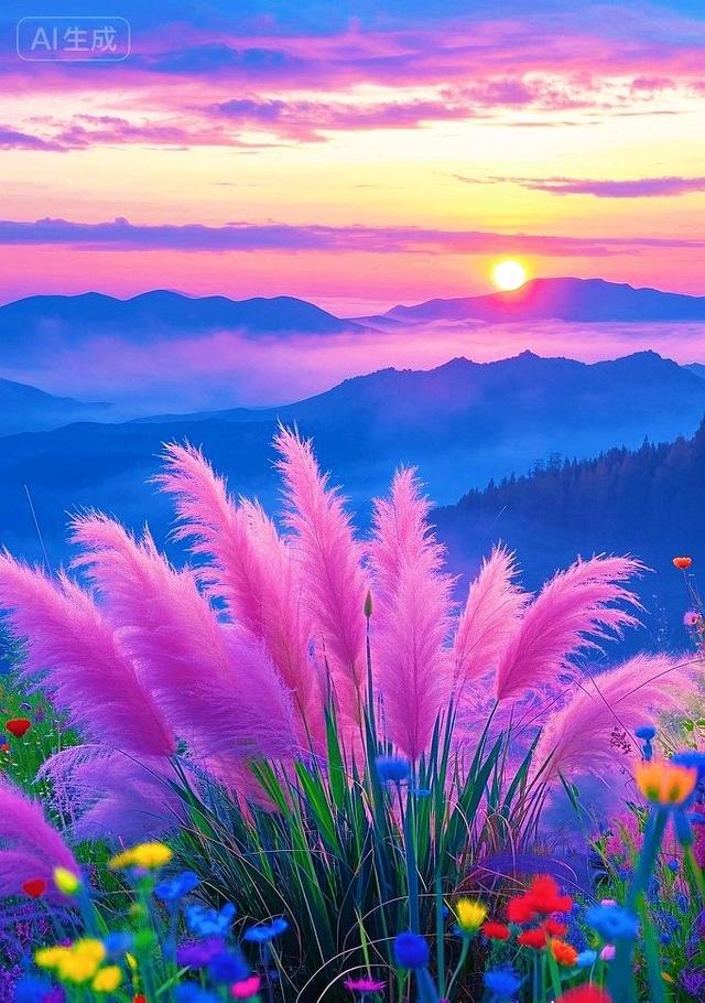 粉苇摇，彩花漫，日出染野太唯美了