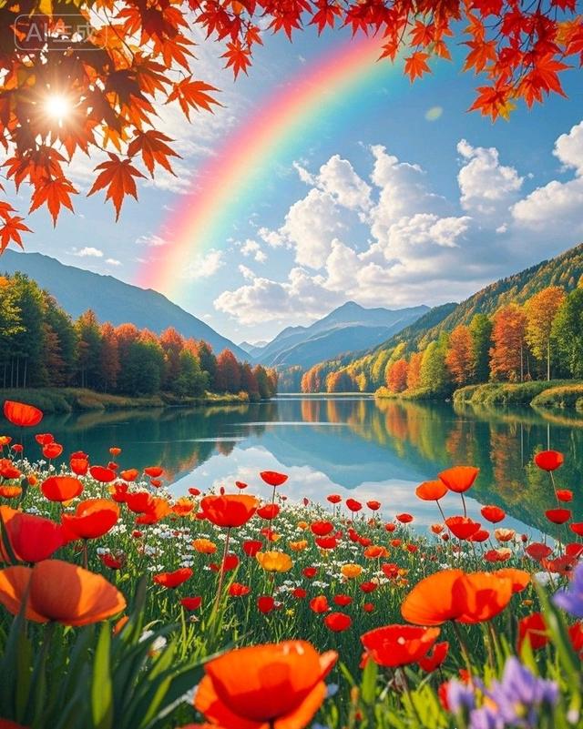 彩虹染秋林，花海醉湖山