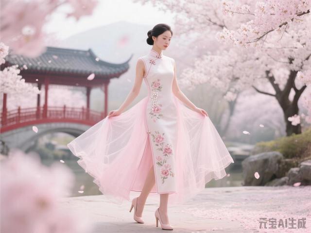 米白色梦幻旗袍美女图片鉴赏（末尾附ai提示词）