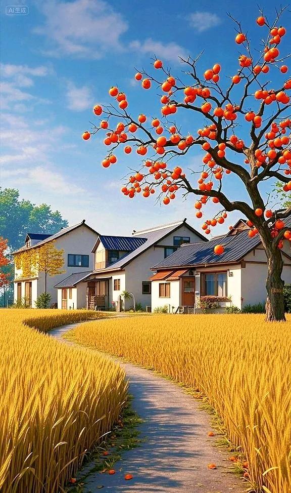 乡村的秋色，金黄麦浪翻涌，红柿枝头添喜，古村静美如画