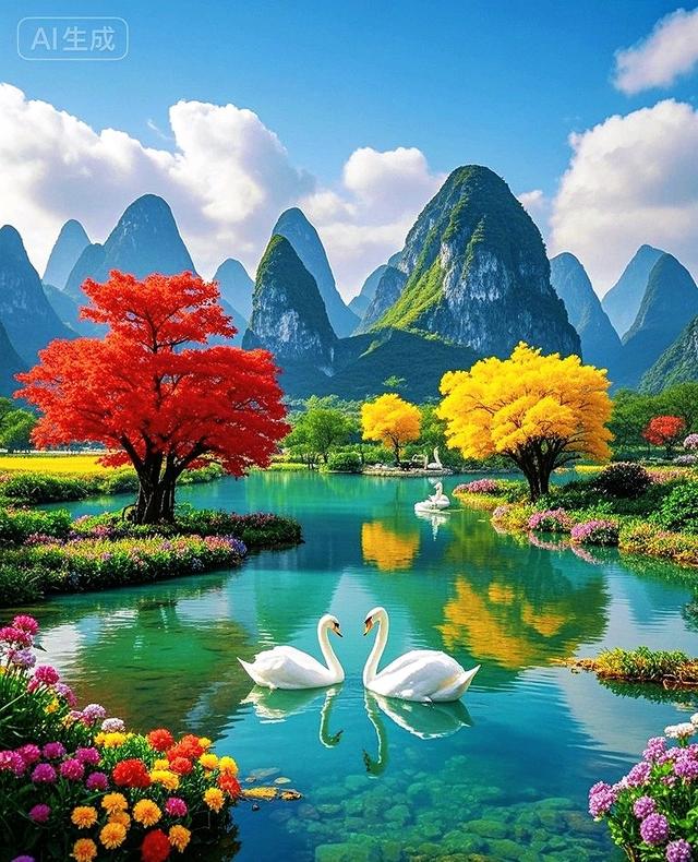 青山云雾缭绕，湖光山色映天鹅，此景如画醉人心