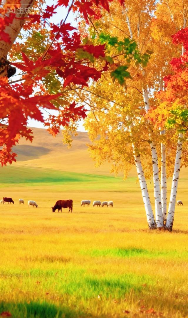 红枫垂帘，牧群踱过金绿原野