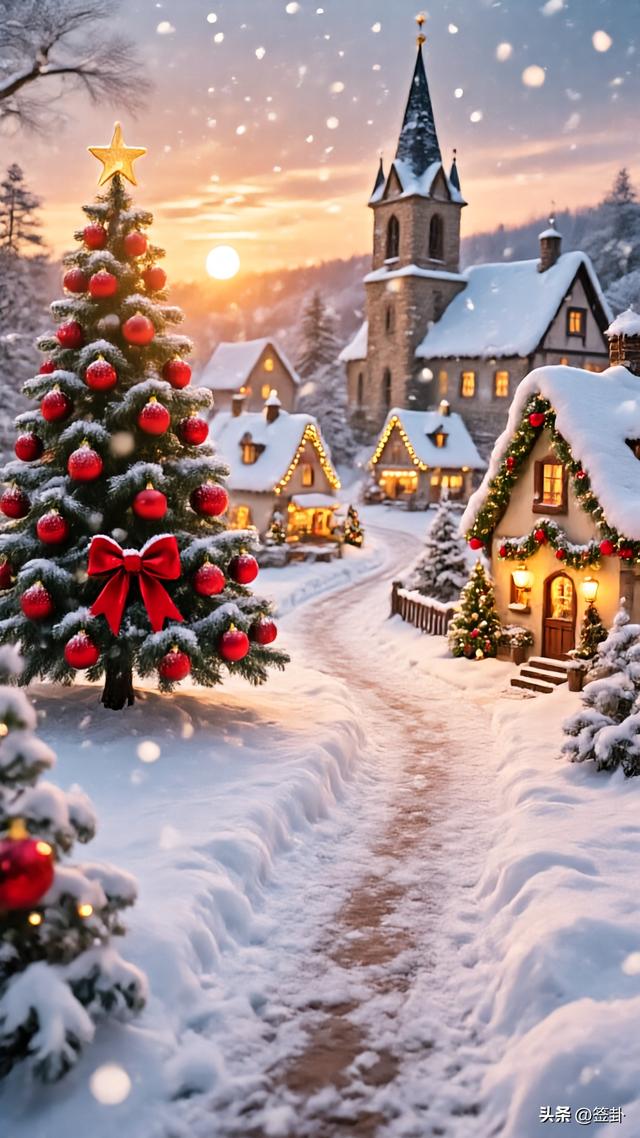 白雪皑皑的圣诞黄昏美景