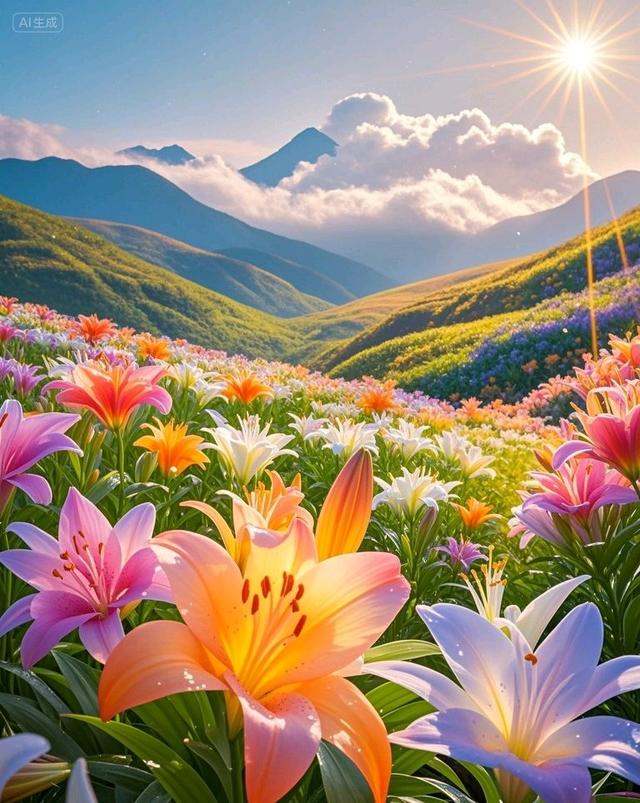 日出洒百合花海，远山相伴，太美了