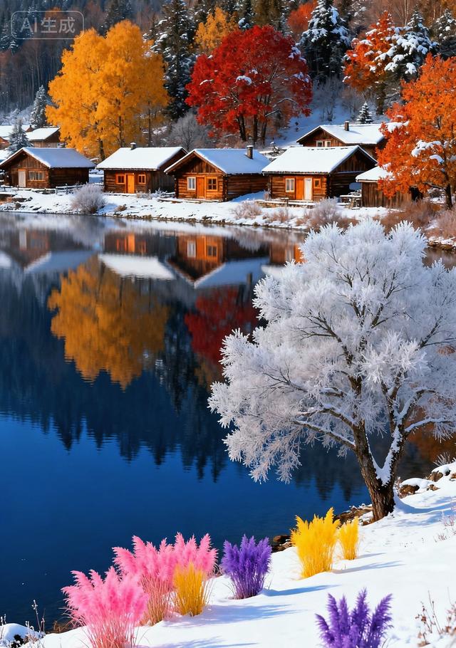 雾凇裹枝，湖映彩林，粉黄紫草绽于雪间，秋冬撞色绘仙境