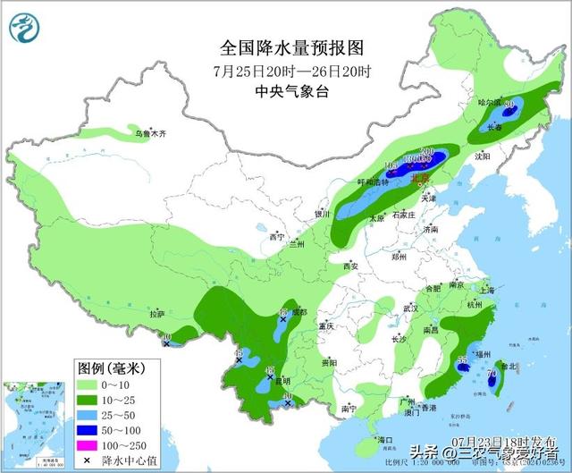 本轮强降雨中心已定，明日7月25号天气预报，暴雨大暴雨分布如下