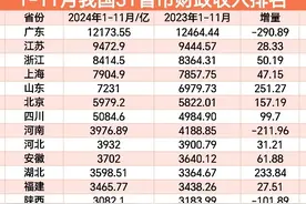 1-11月我国31省市财政收入排名:上海第4，安徽领先湖北，山西第15图片