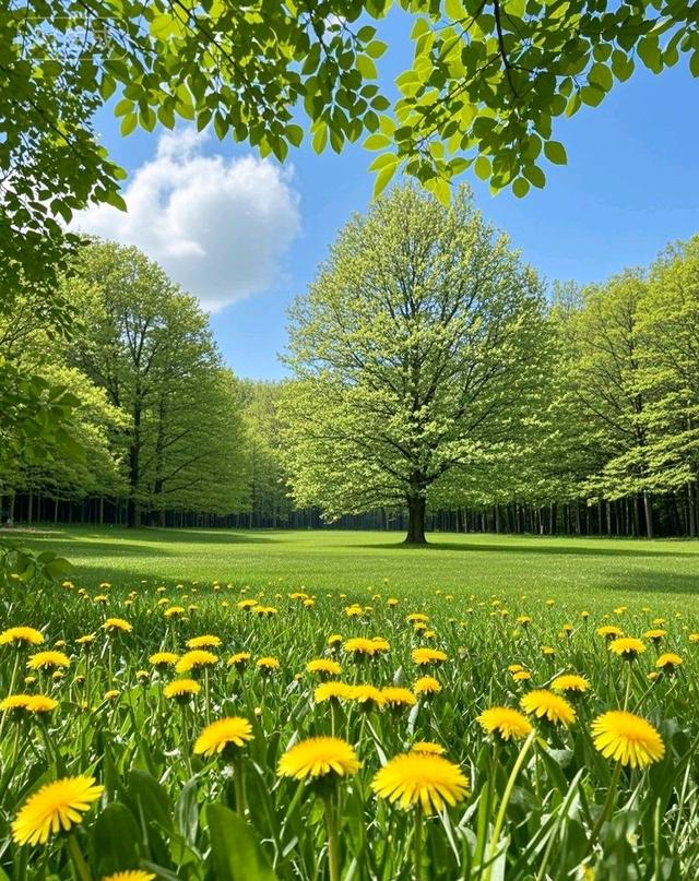 在蒲公英花海的阳光里，绿树盎然绿意，这风景太治愈了