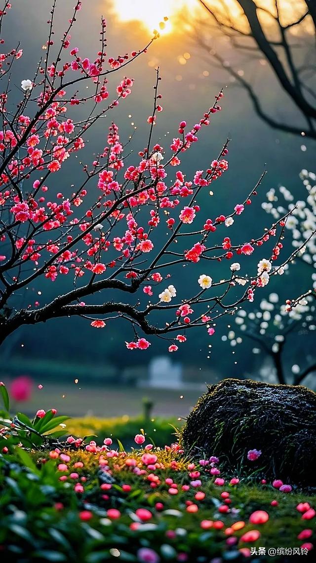 晨雾裹着金芒漫过梅枝