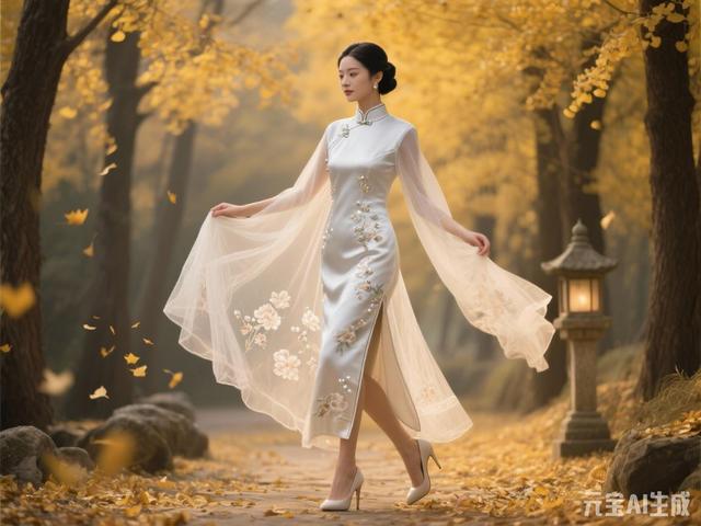 米白色梦幻旗袍美女图片鉴赏（末尾附ai提示词）