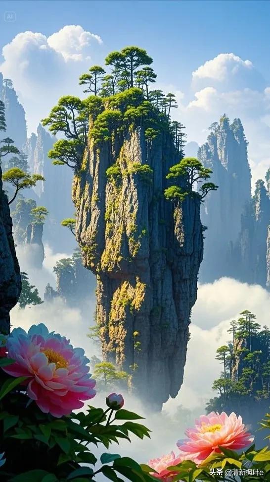 在云雾缭绕的奇幻之境，张家界悬浮山宛如超脱尘世的仙岛傲然矗立
