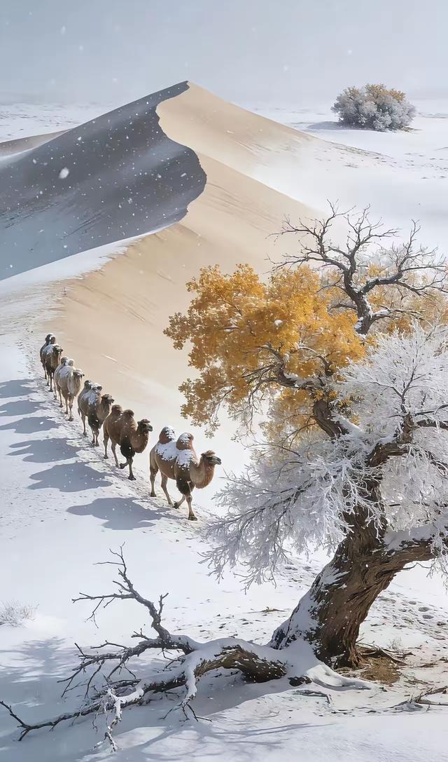 雪落湖杨，驼行沙海