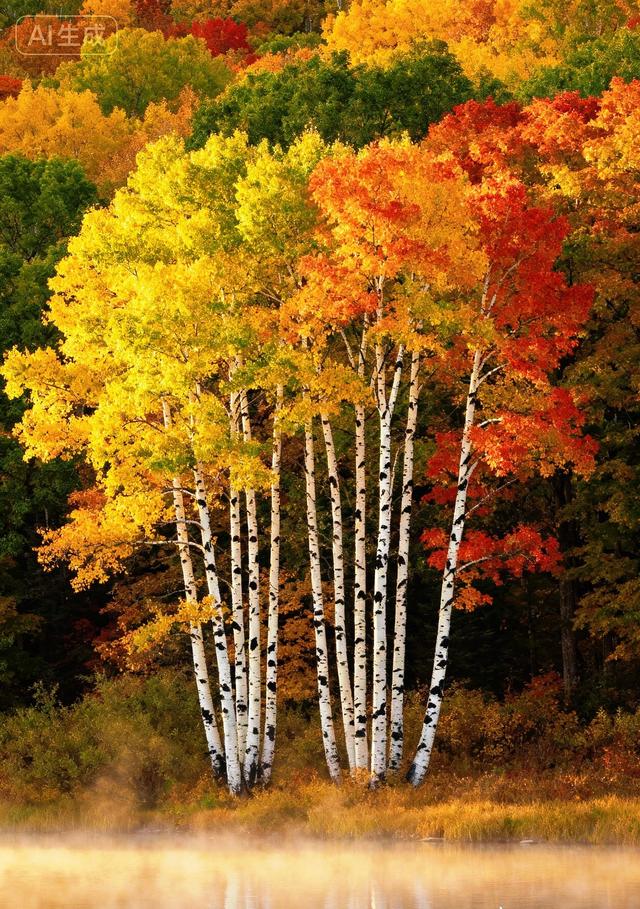 秋雾里的白桦，晕染了半林金红