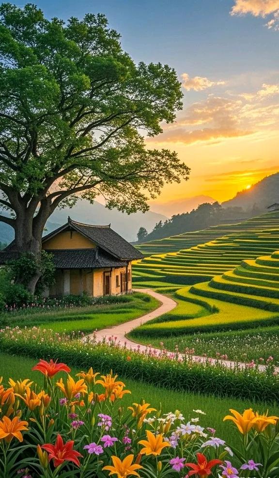 古村卧花海，梯田连远山，美成田园诗画
