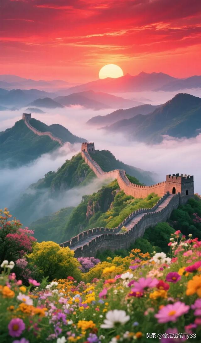 晨曦中的长城，如巨龙般蜿蜒盘旋，云海翻腾花海绚烂，美不胜收！