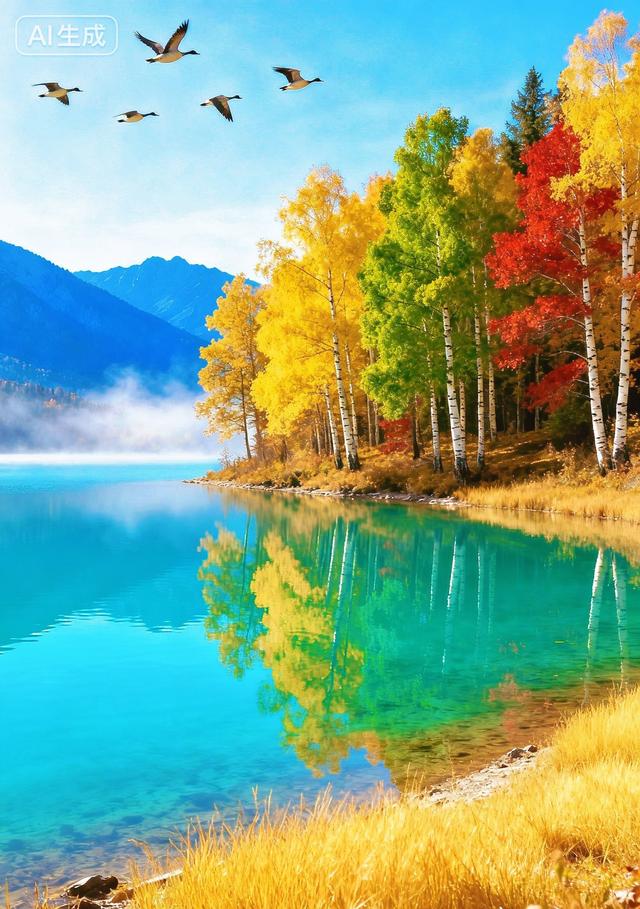 秋日湖泊彩林