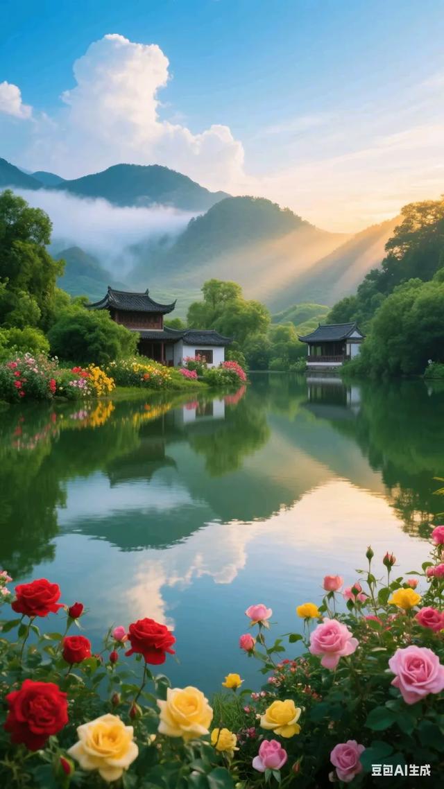 梦幻般的世外桃源，静谧的湖面倒映着古色古香的建筑，宛如仙境！