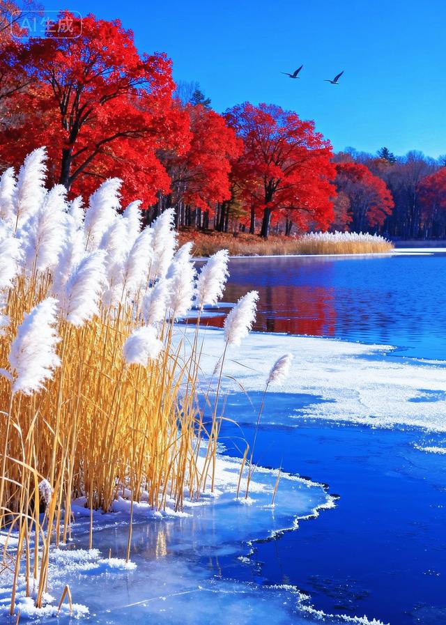 半冻冰湖映枫红，白芦摇霜，藏着秋冬交替的诗意