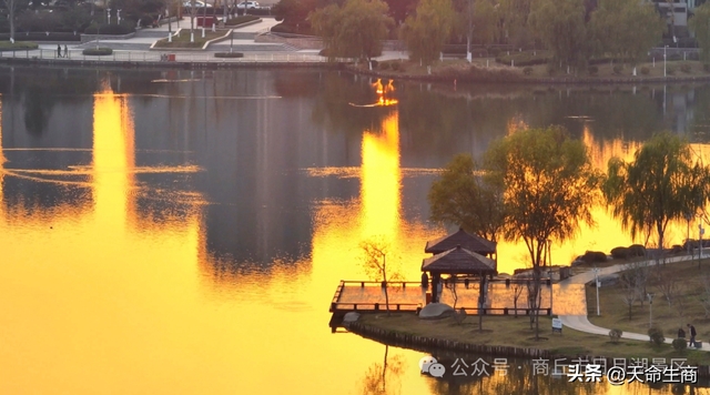 商丘日月湖景区：当橙红天幕吻过粼粼波光