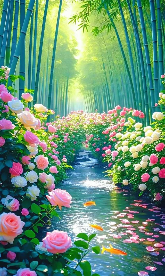 竹林遇见娇艳的玫瑰，自然之美惊艳了时光