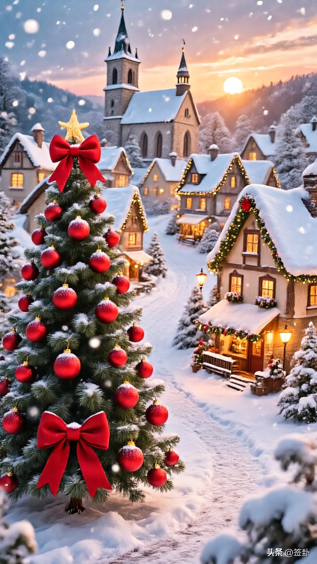 白雪皑皑的圣诞黄昏美景