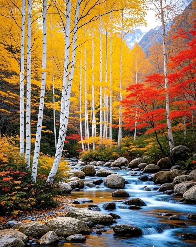 当白桦林染上金黄，红枫点燃溪岸，秋叶与石共织治愈秋景