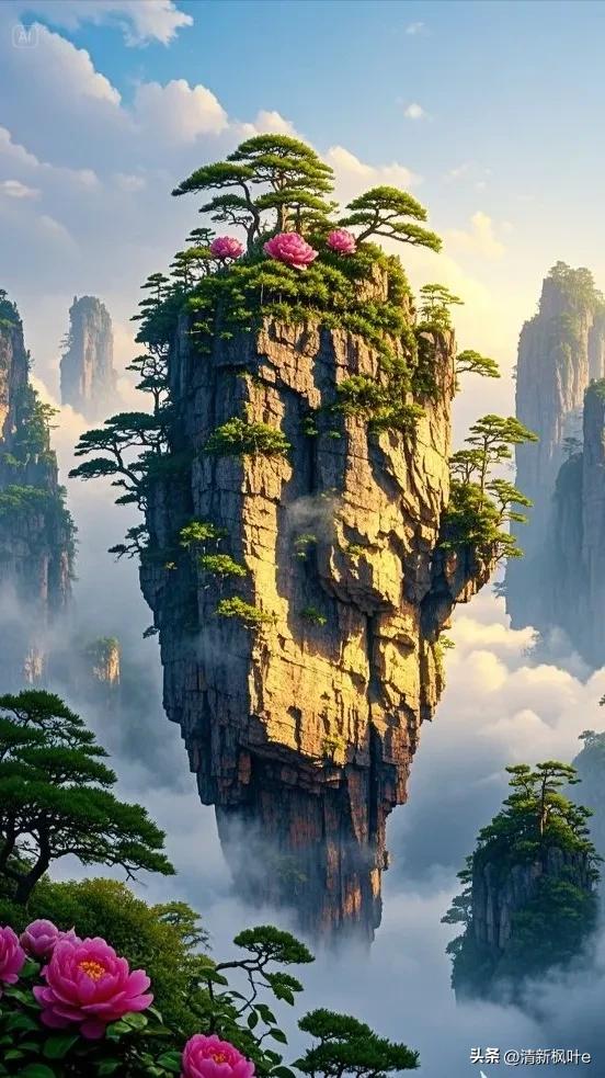 在云雾缭绕的奇幻之境，张家界悬浮山宛如超脱尘世的仙岛傲然矗立