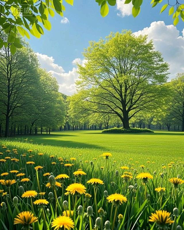 在蒲公英花海的阳光里，绿树盎然绿意，这风景太治愈了