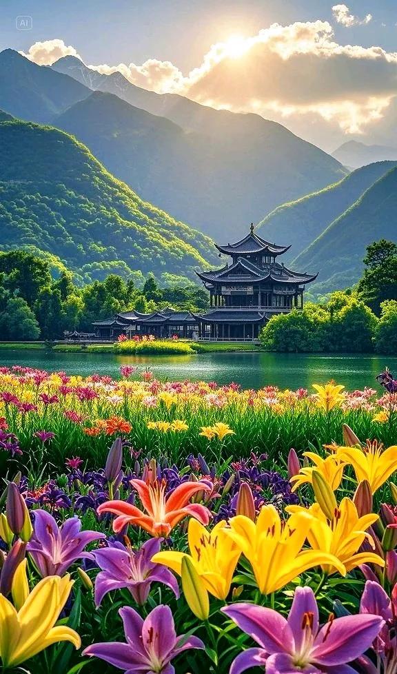湖光山色相伴，百合花繁花似锦，这般景色，实在怡人