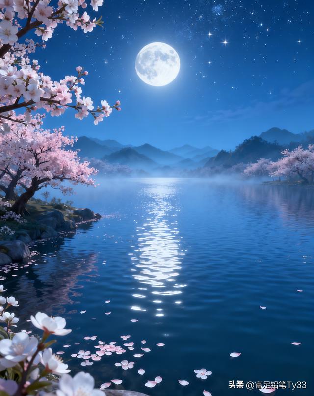 月色如水，樱花飘落，静谧夜晚的诗意美景！