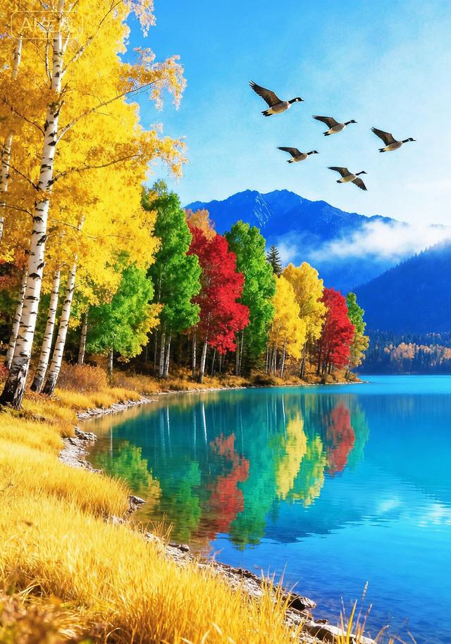 秋日湖泊彩林