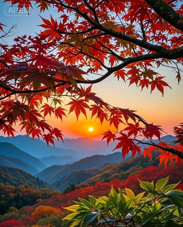 林间观日，枫叶似火