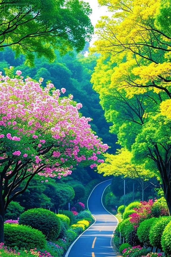 花簇缠林，彩枝垂径，弯路上光影织就满目斑斓画境