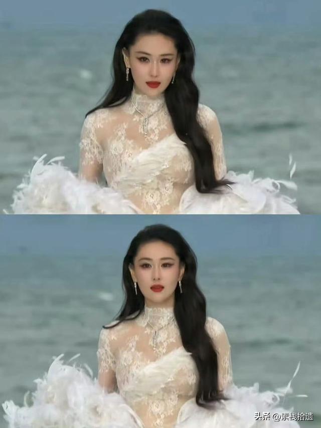 张馨予身穿重达25斤 礼服亮相，半透视黑色蕾丝连衣裙性感霸气