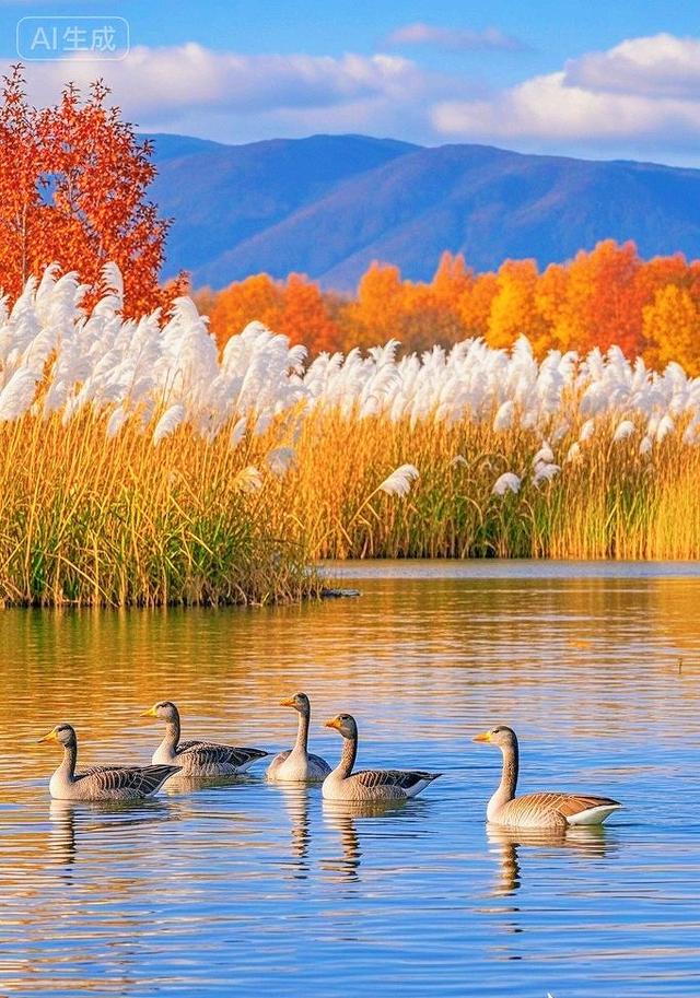 秋湖漾金波，灰雁悠然游，彩林裹暖光，好治愈～