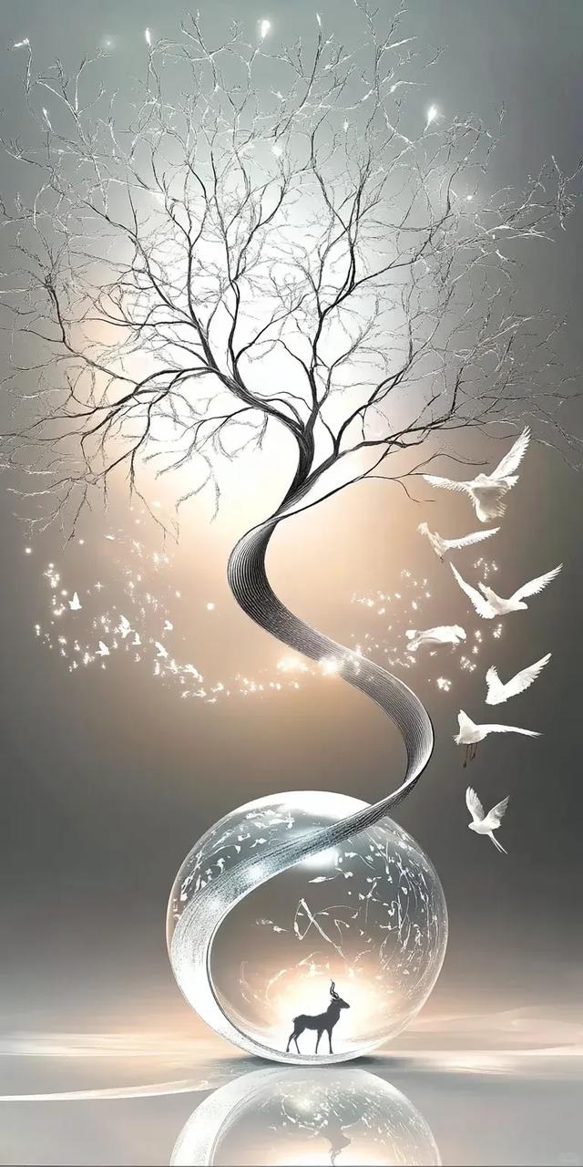 梦幻森林中的鹿与树，静谧而神秘