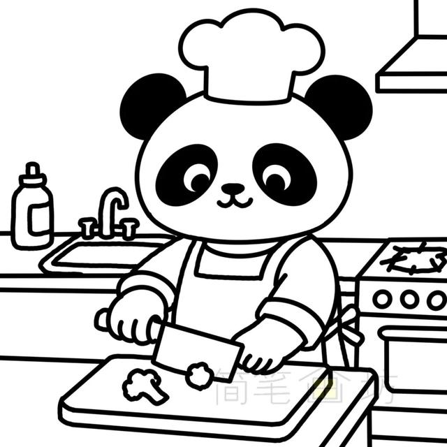 萌化啦！当国宝熊猫系上围裙，秒变大厨（附线稿）