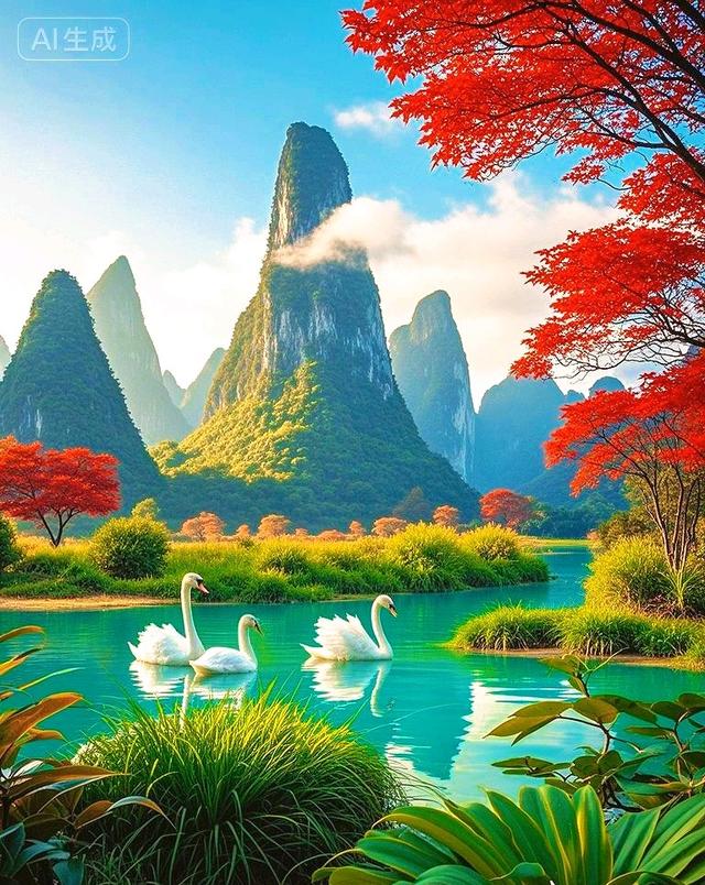 青山云雾缭绕，湖光山色映天鹅，此景如画醉人心