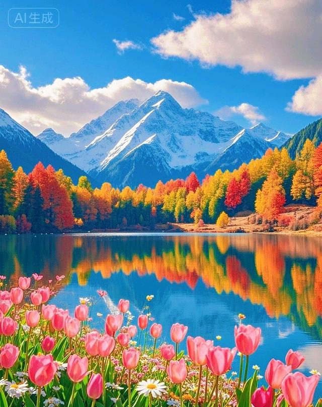 雪山遇见秋林花海，天地间的色彩狂欢