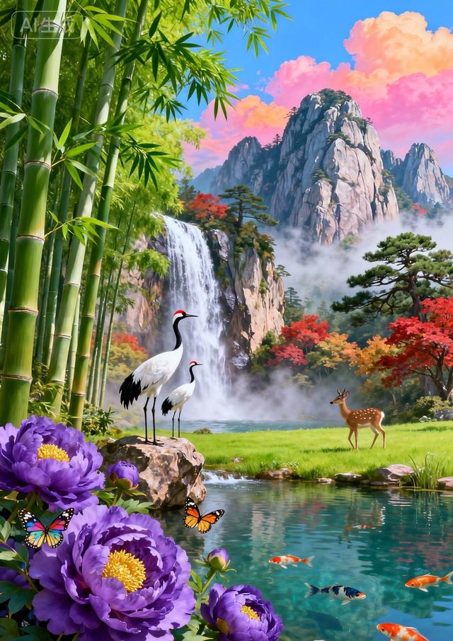 翠竹丹鹤映紫牡丹，仙山瀑布伴锦鲤，满眼皆是好风光