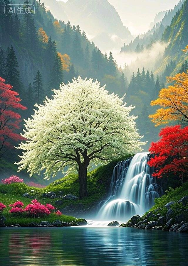 青山、彩树配瀑布，这自然风景看着太治愈了