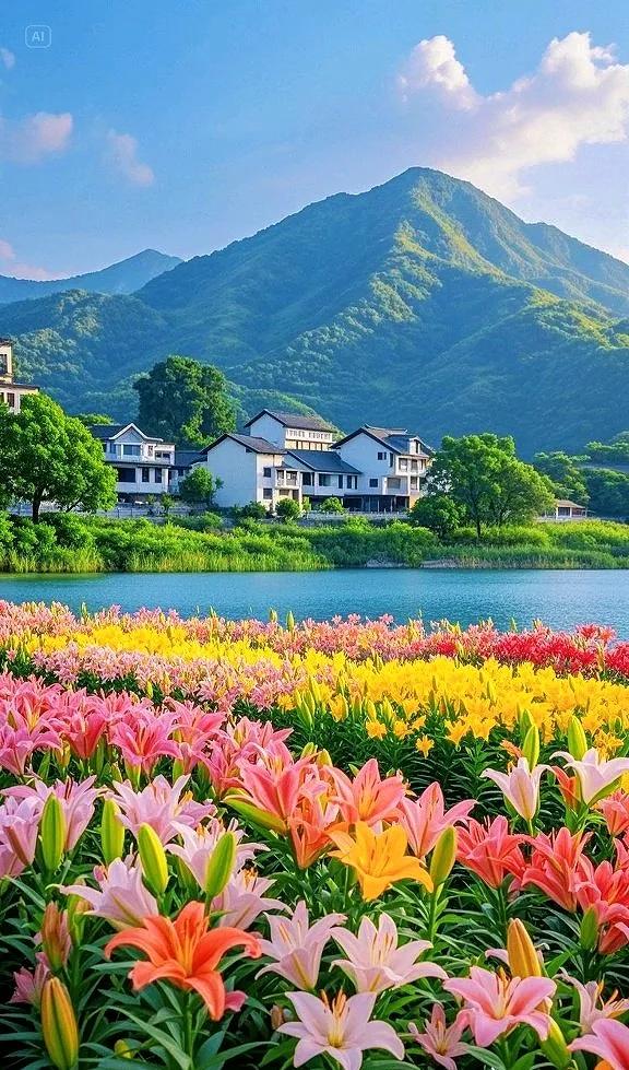湖光山色相伴，百合花繁花似锦，这般景色，实在怡人