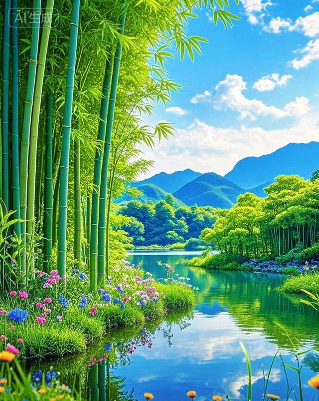 竹林繁花、澄澈湖水、连绵青山与漫天云絮，一幅绝美的山水画卷！