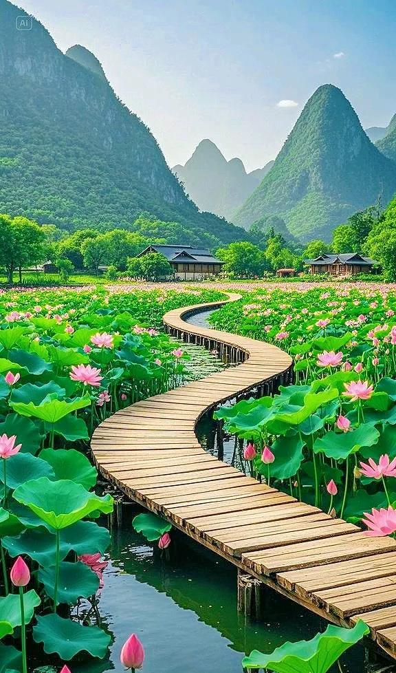 青山碧水间，荷花盛放，来赴一场自然之约