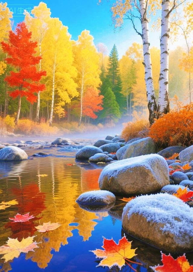 霜覆溪石，枫染红黄，秋溪藏尽斑斓色