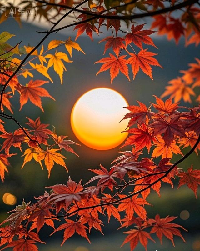 林间观日，枫叶似火