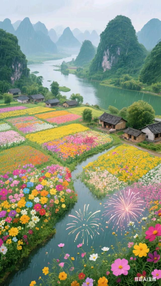 梦幻仙境色彩斑斓的花海与静谧河流相映成趣，仿佛置身于童话世界