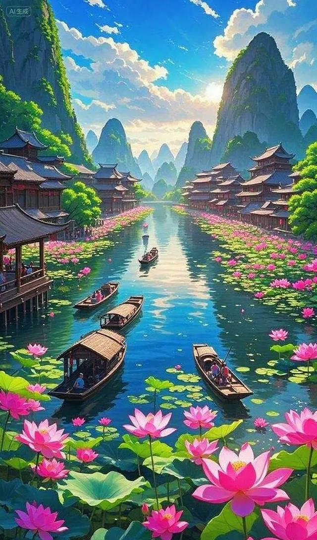 舟行碧波上，人在荷中游
