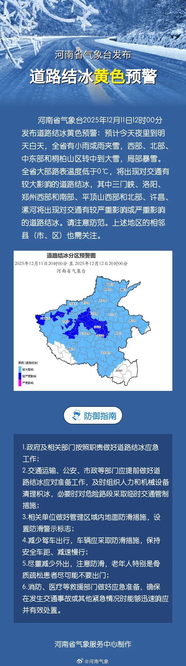 -11℃+暴雪+道路结冰！三预警齐发！明天河南全省有雨雪，多地中到大雪